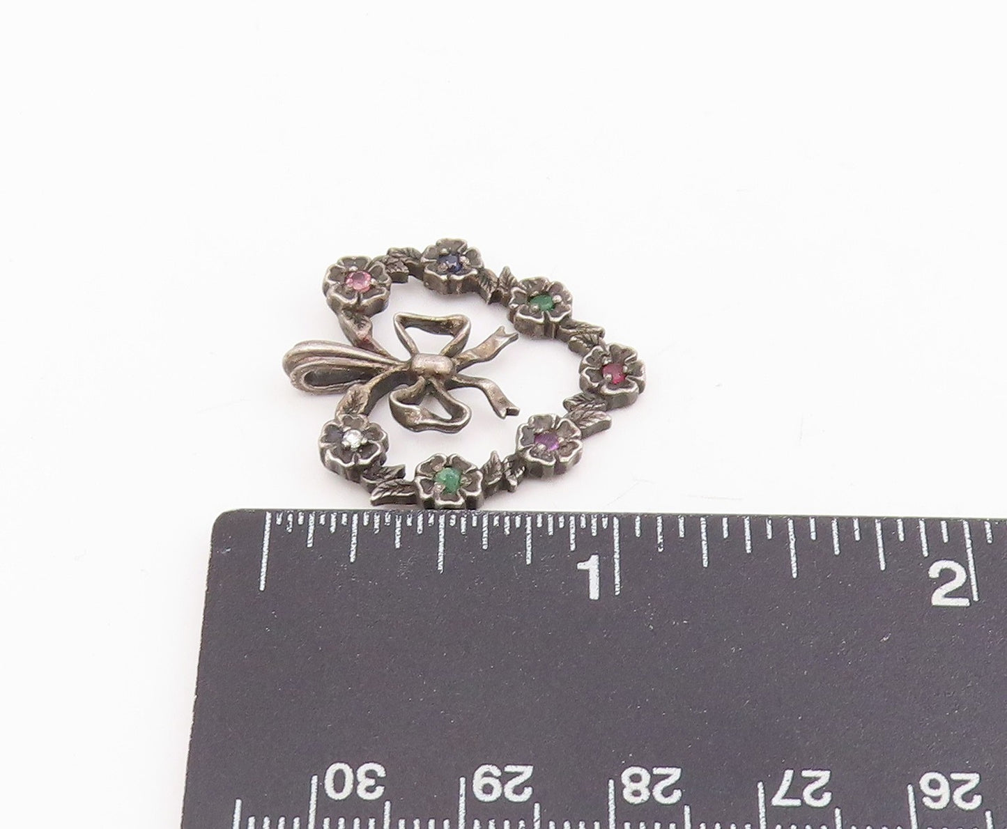 925 Sterling Silver Vintage Pendant Real Gemstones Love Heart & Bow  PT25783