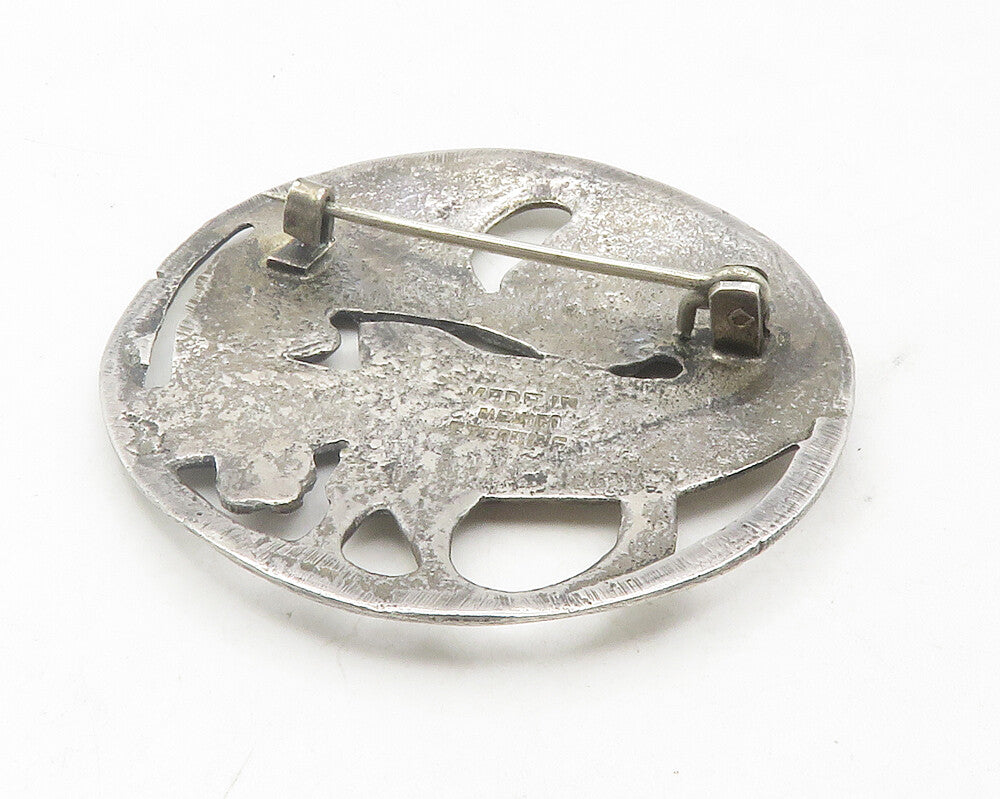 MEXICO 925 Silver  Vintage Shiny Bird Grape Vine Scene Brooch Pin  BP4448