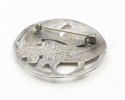 MEXICO 925 Silver  Vintage Shiny Bird Grape Vine Scene Brooch Pin  BP4448