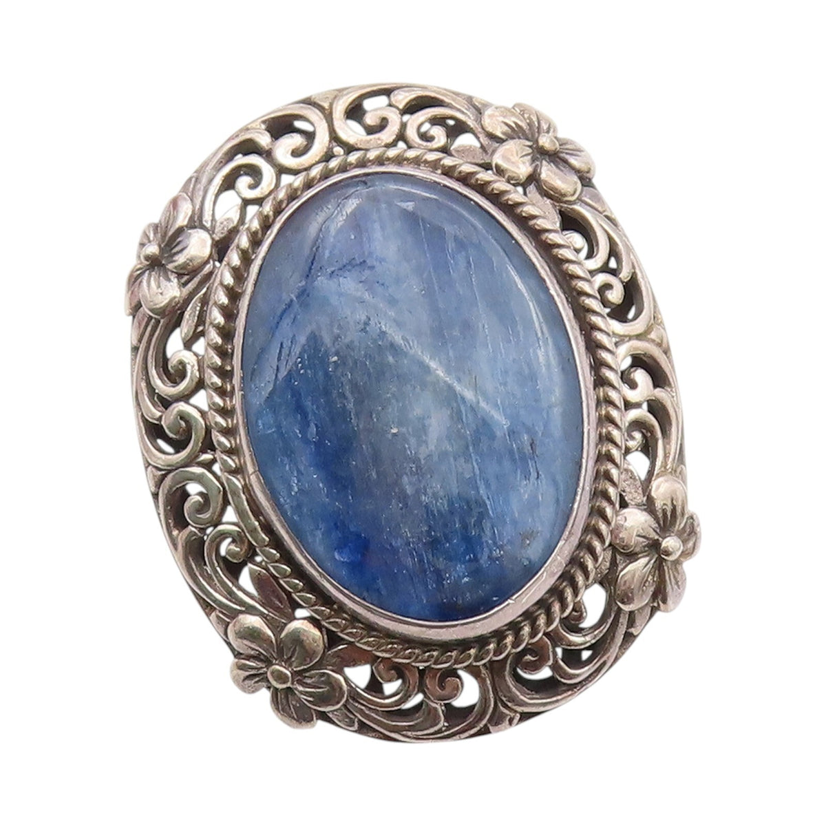 925 Sterling Silver Vintage Ring Oval Gemstone Floral Carved  SZ 6.5  RG32080