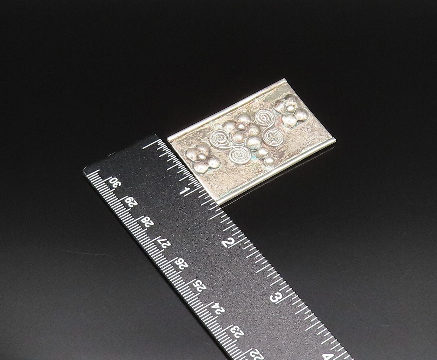 925 Silver  Vintage Floral Beaded & Spirals Rectangle Brooch Pin  BP9700