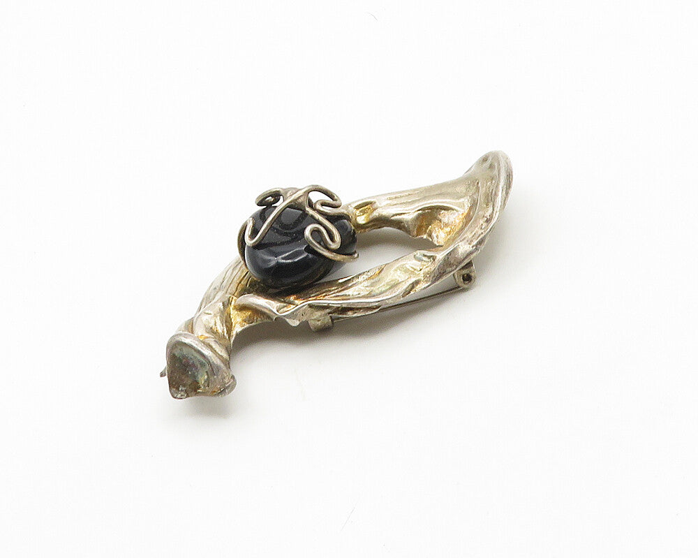 925 Sterling Silver  Vintage Black Onyx Modernist Sculpted Brooch Pin  BP7326