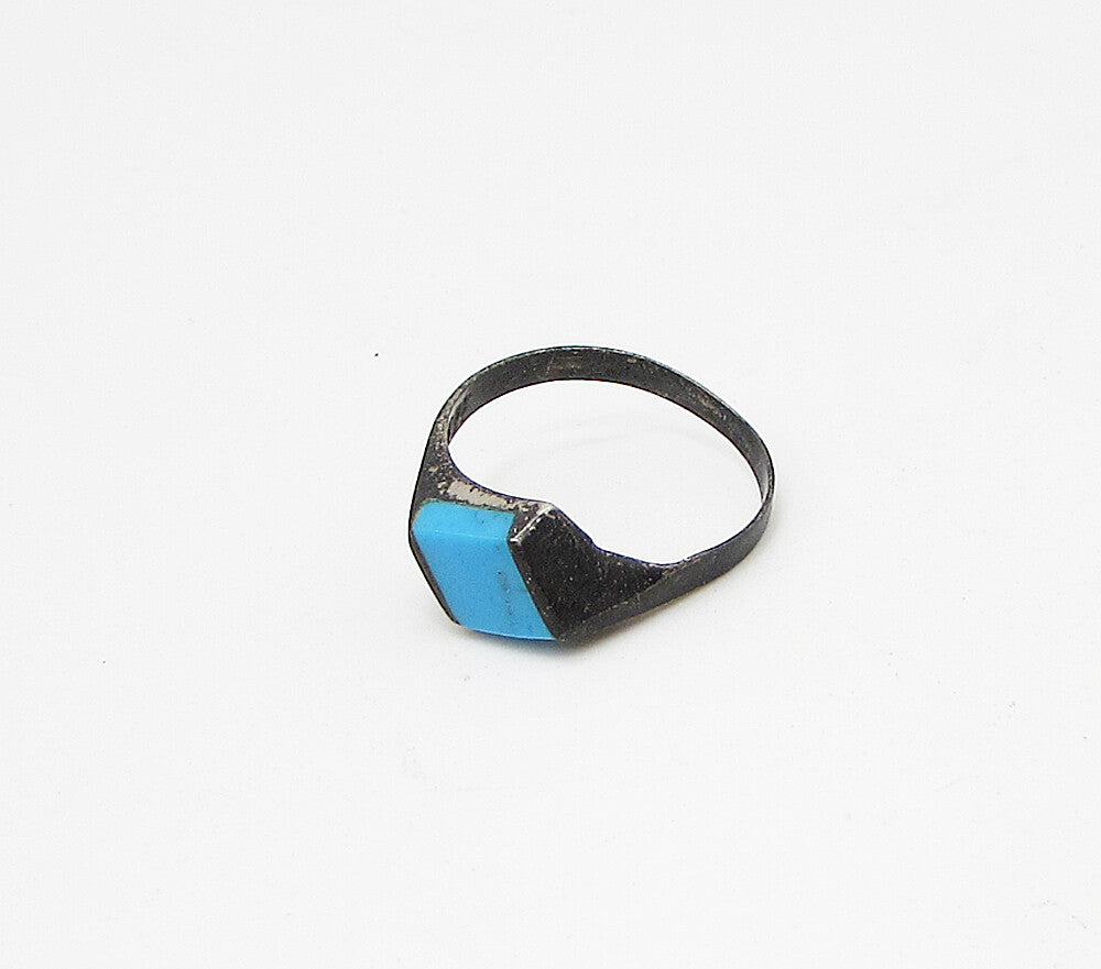 MEXICO 925 Sterling Silver  Vintage Inlay Turquoise Band Ring Sz 5  RG3120