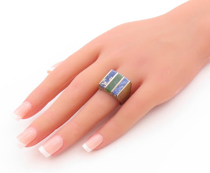 925 Sterling Silver Vintage Ring MEXICO 2 Tone Turquoise Inlay  Sz 9  RG32828