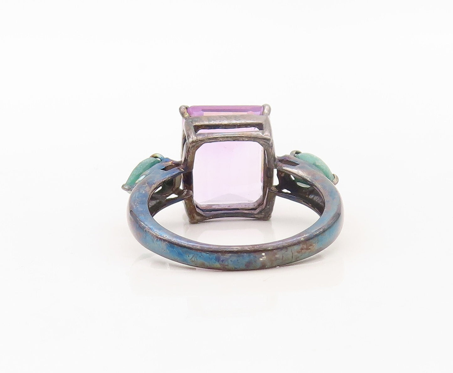 925 Sterling Silver Vintage Ring Amethyst & Drop Cut Green Gemstone Sz 8 RG30224