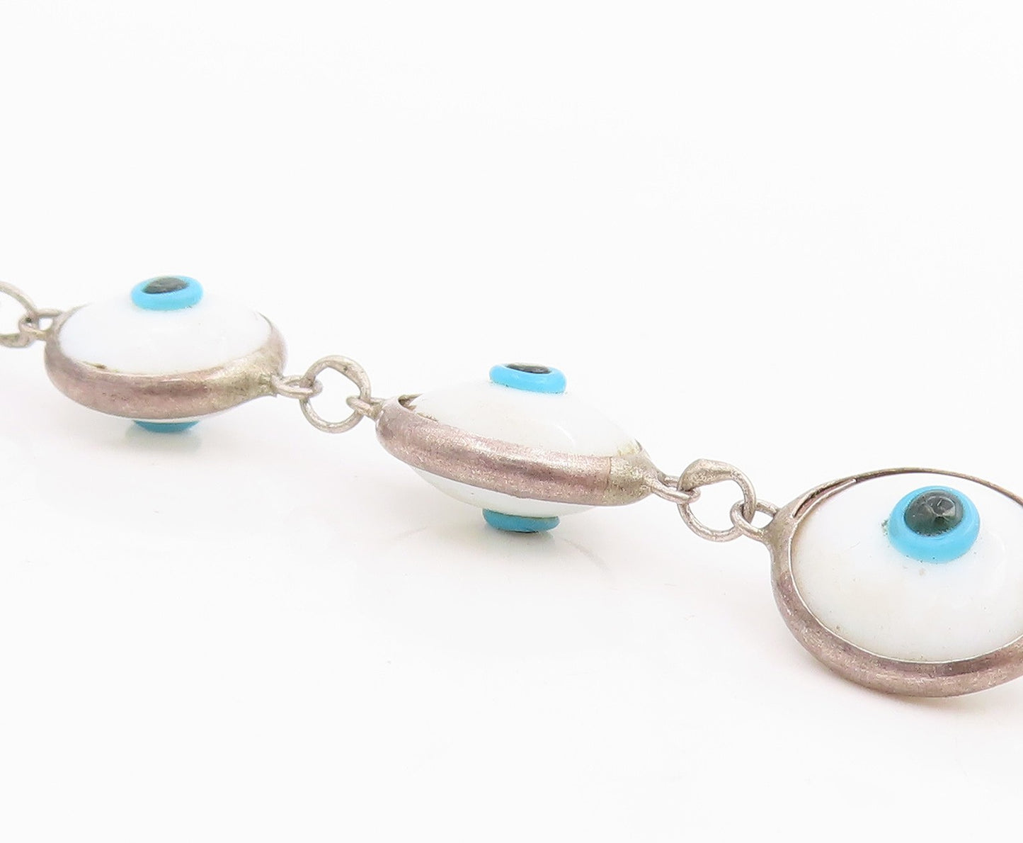 925 Sterling Silver Vintage Bracelet White Evil Eye Enamel Bead Link  BT11821