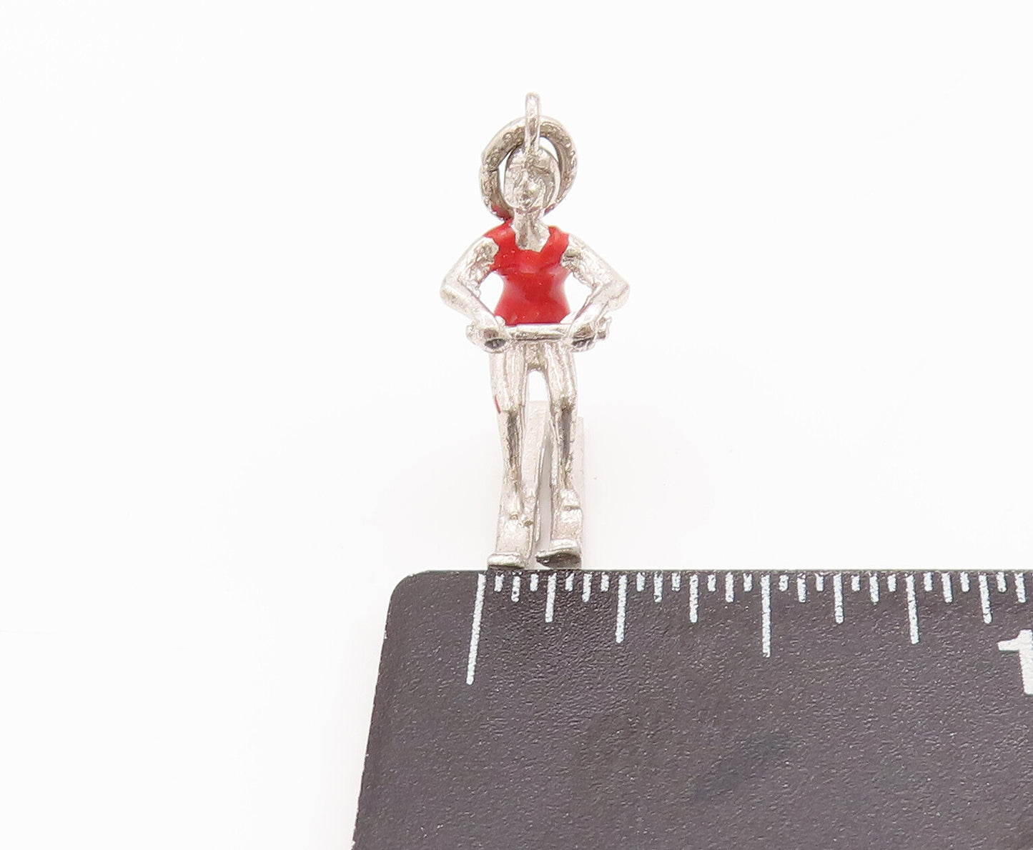925 Sterling Silver Vintage Pendant Solid 3D Carved Enameled Skiing Girl PT23044