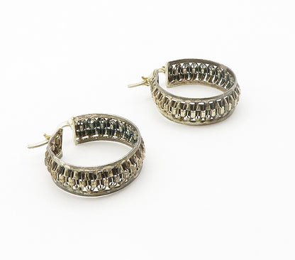 925 Sterling Silver  Vintage Dark Tone Wire Link Design Hoop Earrings  EG7599
