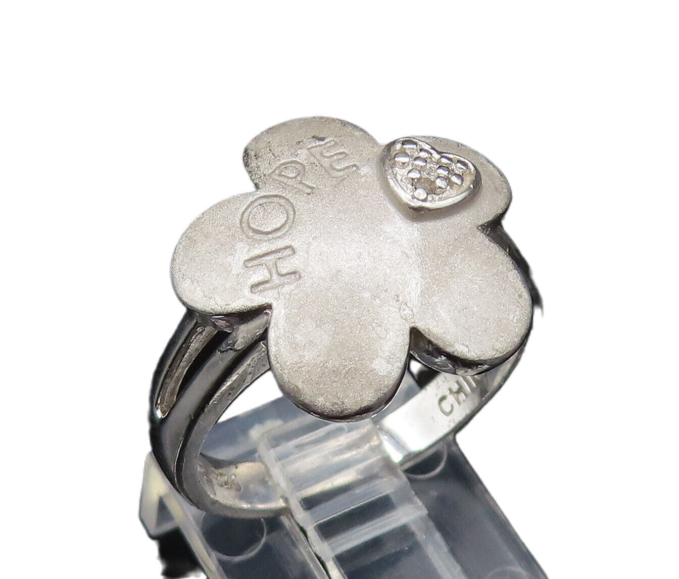 925 Silver  Vintage Genuine Diamonds & Engraved HOPE Flower Ring Sz 8  RG25603