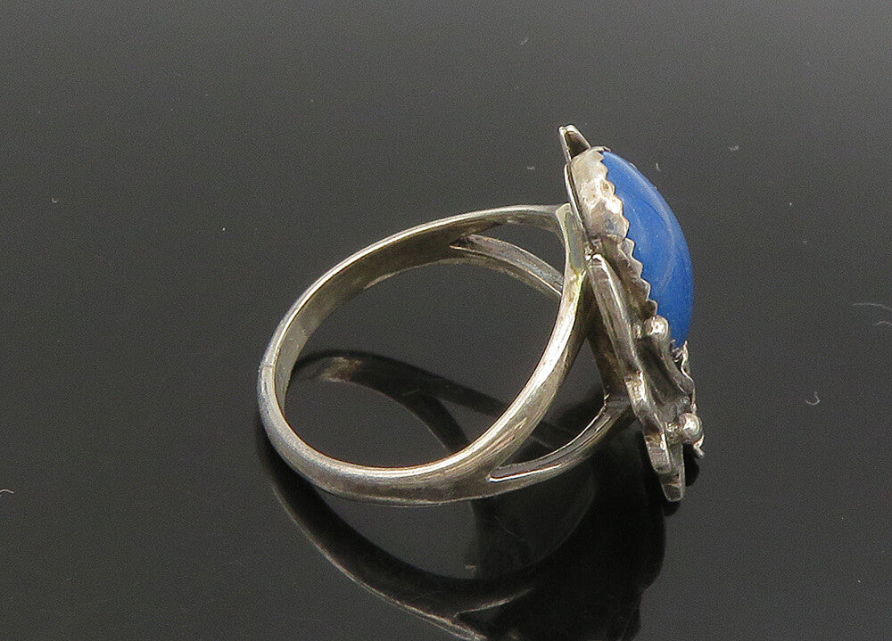 NAVAJO 925 Silver  Vintage Lapis Lazuli Floral Leaf Band Ring Sz 9  RG23660