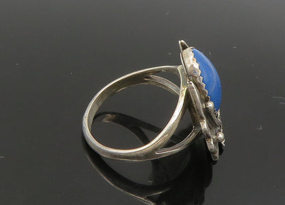 NAVAJO 925 Silver  Vintage Lapis Lazuli Floral Leaf Band Ring Sz 9  RG23660