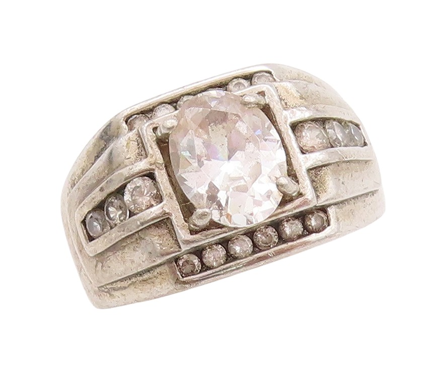 925 Sterling Silver Vintage Ring Round Cut CZ Halo CZ Band Inlay  Sz 8.5 RG28663