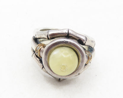 925 Sterling Silver & 14K Gold Vintage Real Diamonds Bamboo Ring Sz 6 RG10050