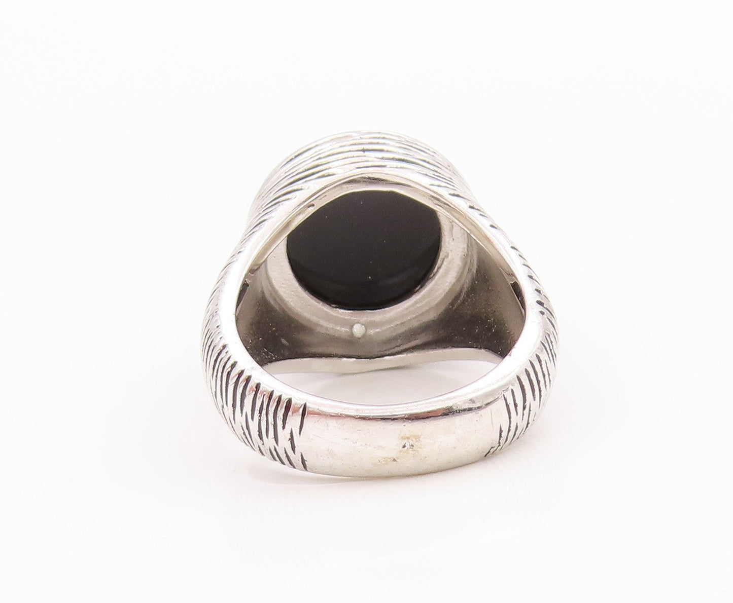 925 Sterling Silver Vintage Ring Grooved Cabochon Round Onyx  Sz 6.5  RG33178