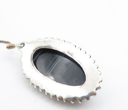 925 Sterling Silver  Vintage Faceted Black Agate Oval Dangle Earrings  EG3207