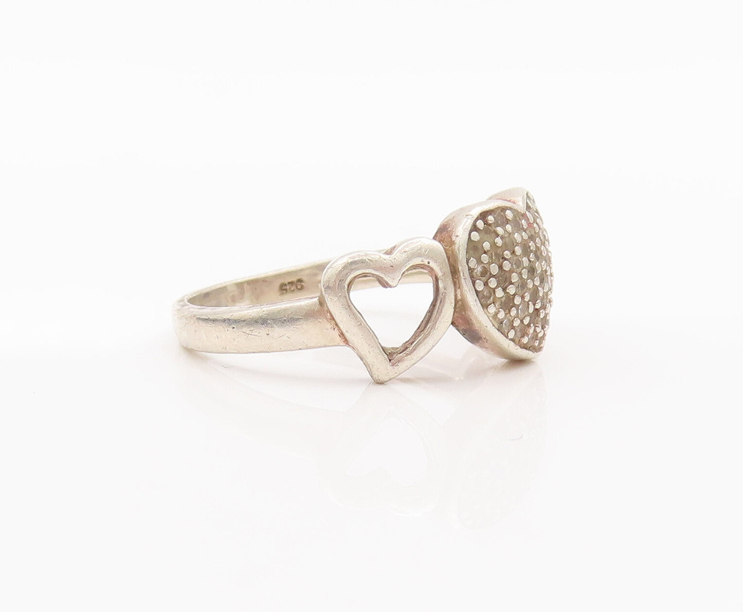 925 Sterling Silver Vintage Ring Swirly Carved Hearts Beaded Topaz Sz 7  RG27707