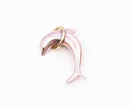 925 Sterling Silver  Vintage Shiny Two Tone Leaping Dolphin Brooch Pin  BP8784