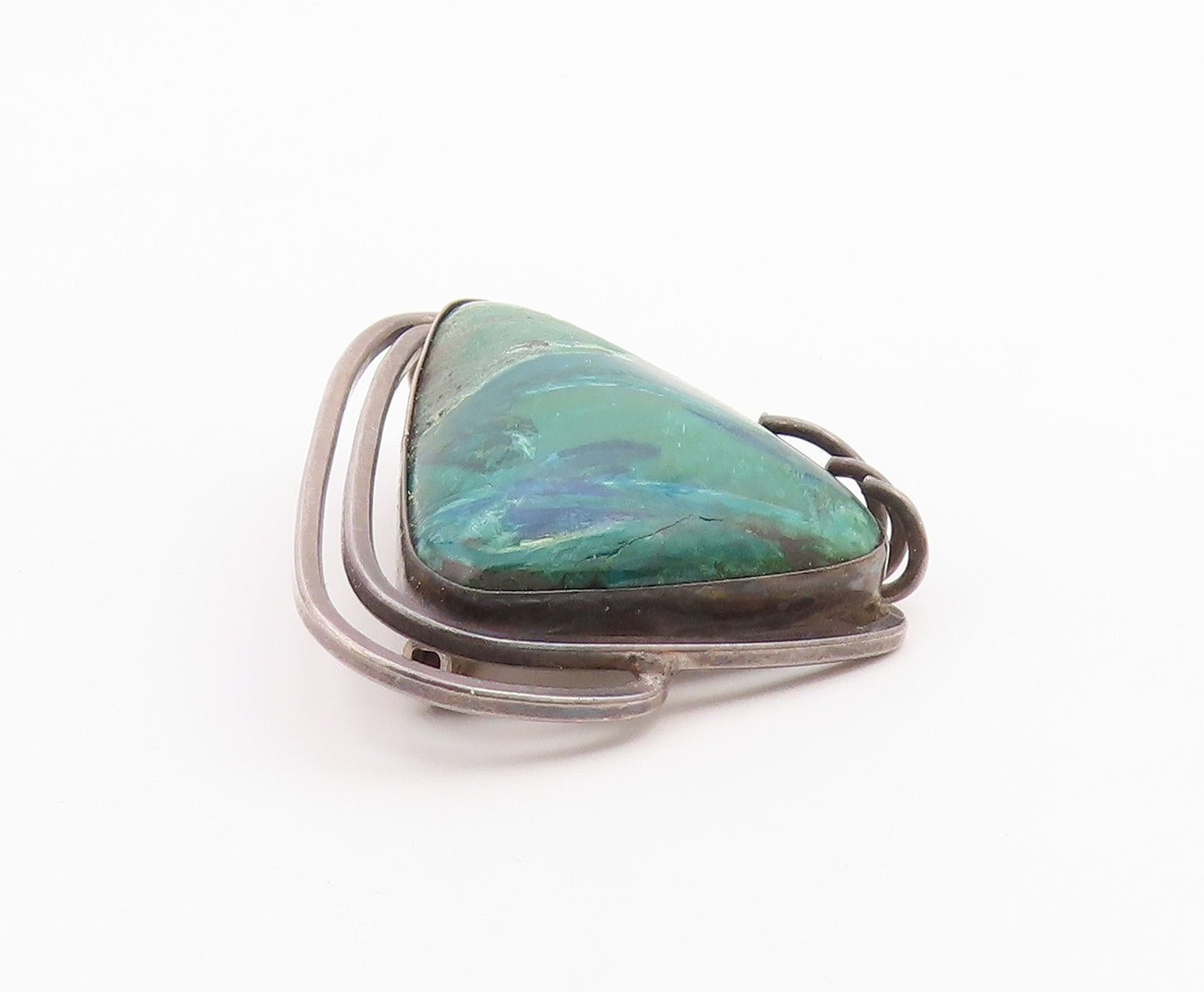 ISRAEL 925 Silver  Vintage Large Abstract Green Azurite Brooch Pin  BP10375