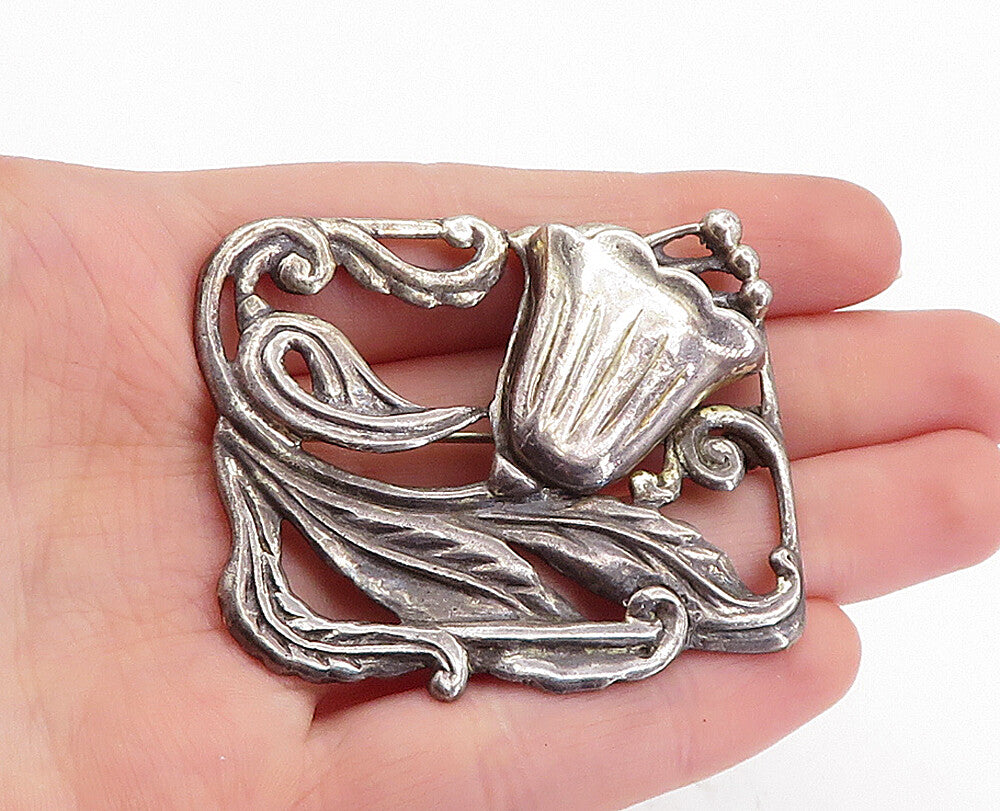 925 Sterling Silver  Vintage Antique Oxidized Floral Vine Brooch Pin  BP2137