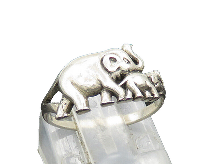 925 Sterling Silver  Vintage Shiny Elephant Mom & Baby Band Ring Sz 5  RG20988