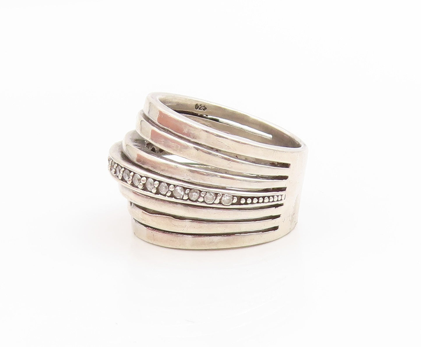 925 Sterling Silver Vintage Ring Round CZ Multi Row Wide Band  Sz 7.5  RG34431