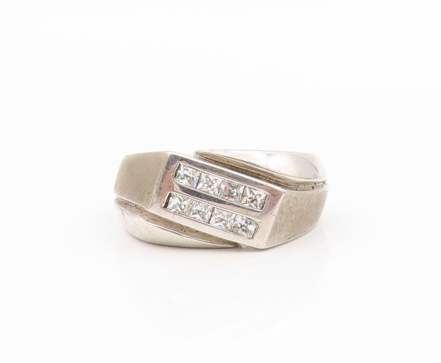 925 Sterling Silver Vintage Ring Modernist Double Row CZ Band  Sz 10  RG34540