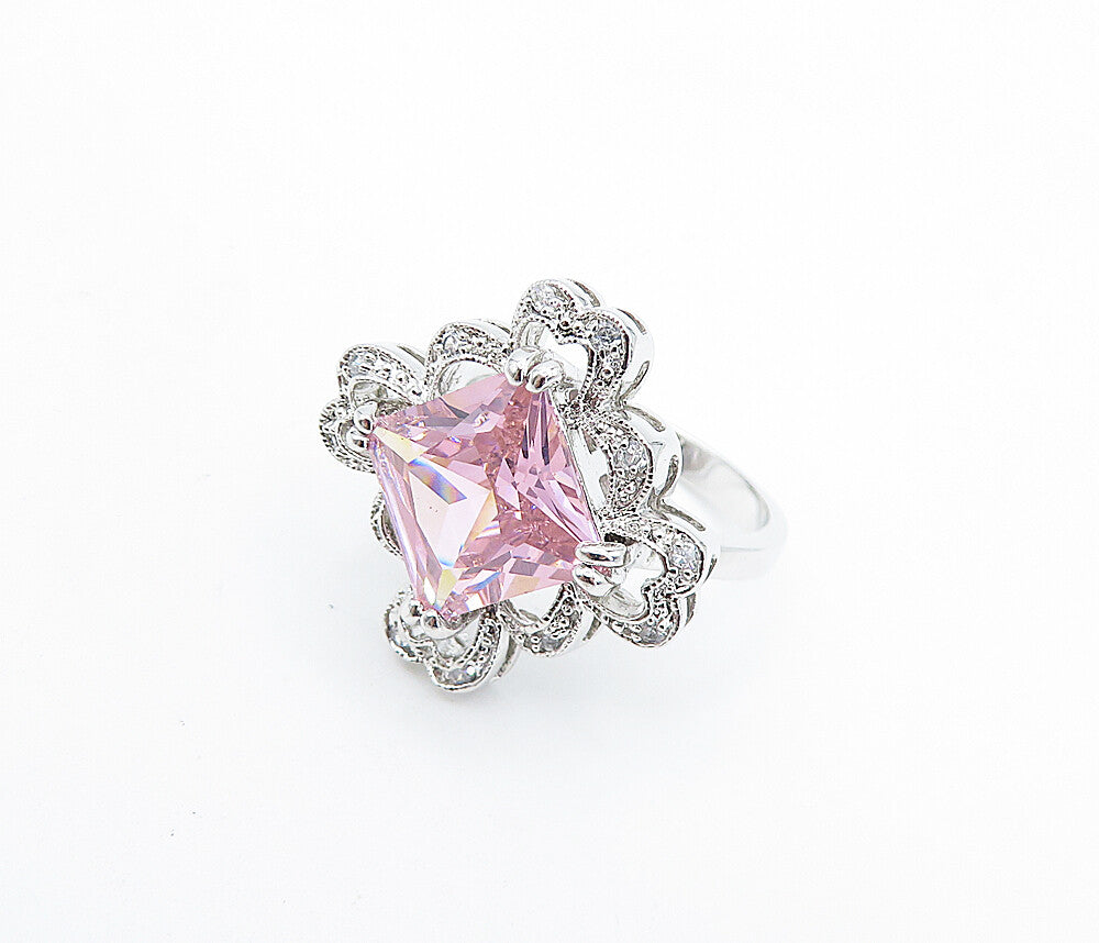 925 Sterling Silver  Pink Cubic Zirconia Floral Cocktail Ring Sz 7  RG6069