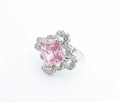 925 Sterling Silver  Pink Cubic Zirconia Floral Cocktail Ring Sz 7  RG6069