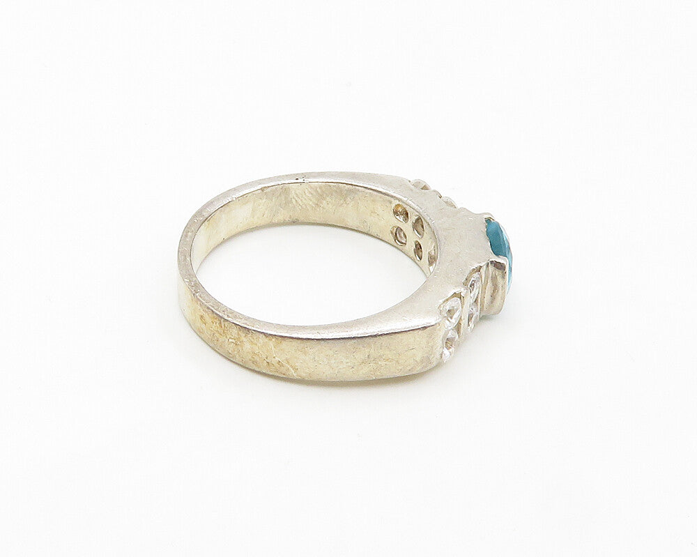 925 Sterling Silver  Vintage Blue & White Topaz Shiny Band Ring Sz 7  RG17975