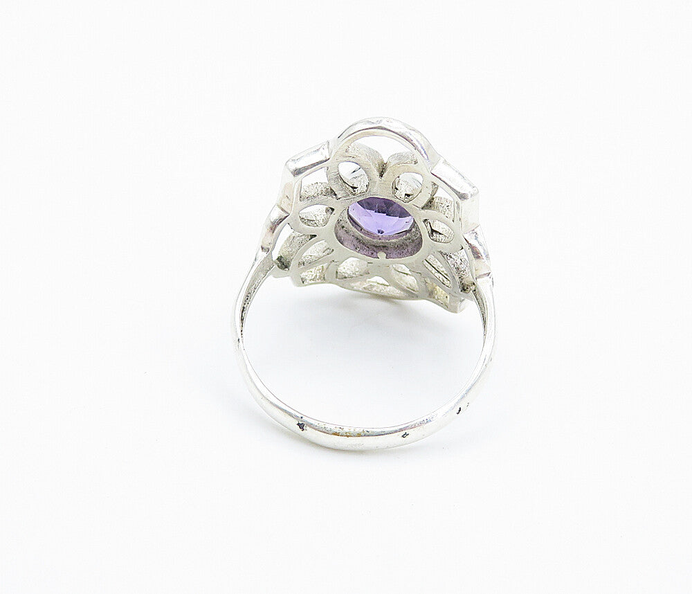 925 Sterling Silver  Amethyst Open Floral Design Cocktail Ring Sz 8  RG8461