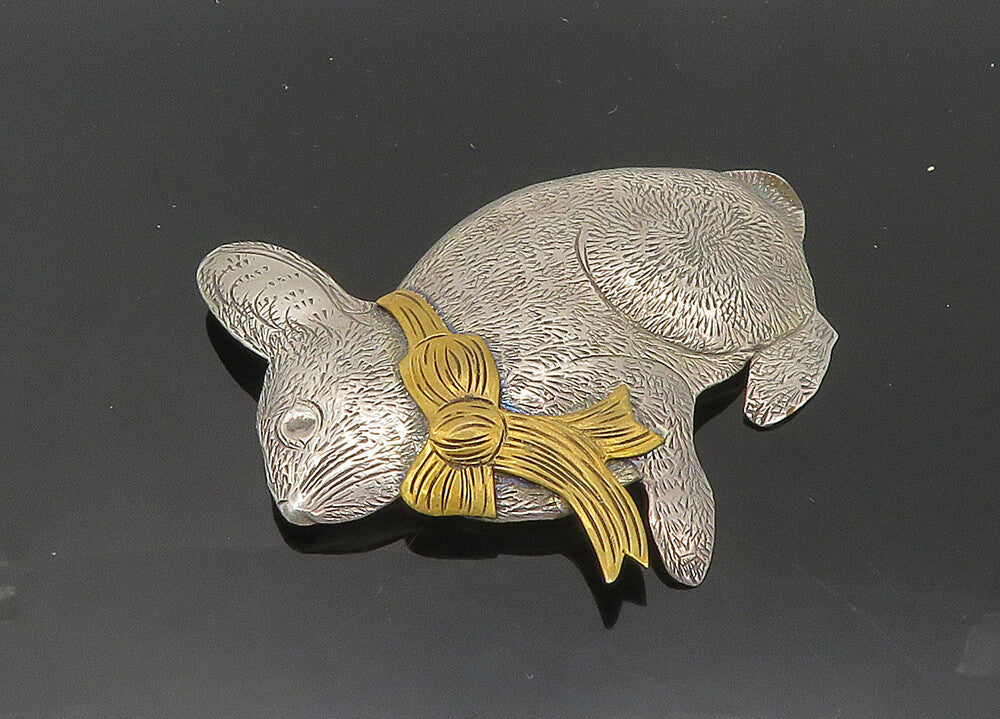 925 Sterling Silver  Vintage Two Tone Etched Rabbit Motif Brooch Pin  BP8216