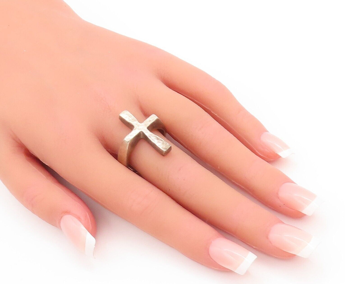 925 Sterling Silver Vintage Ring MEXICO Solid Cut Dented Cross  Sz 11.5 RG28437