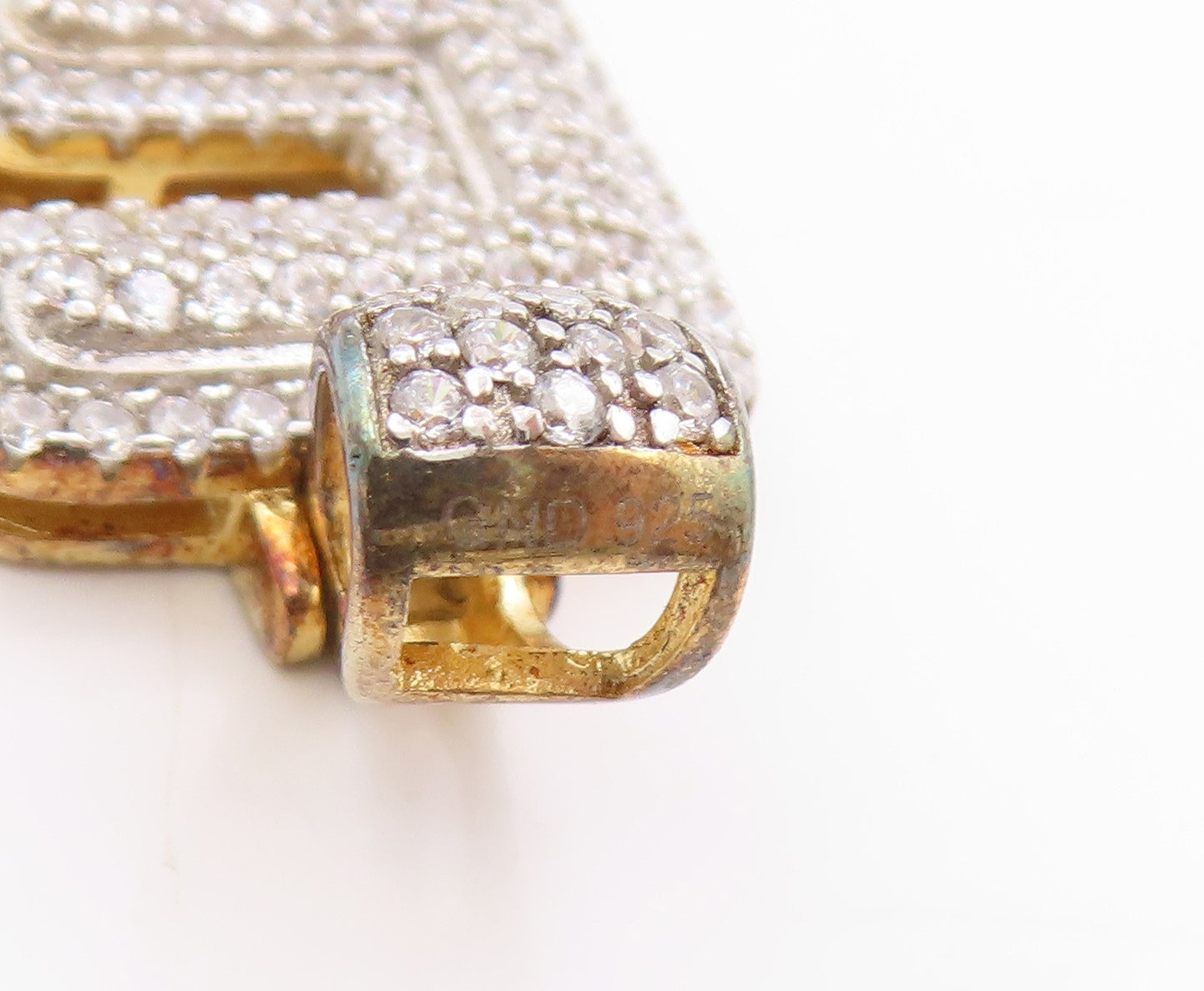 925 Sterling Silver Vintage Pendant Gold Plated CZ Clustered Alphabet E  PT25006