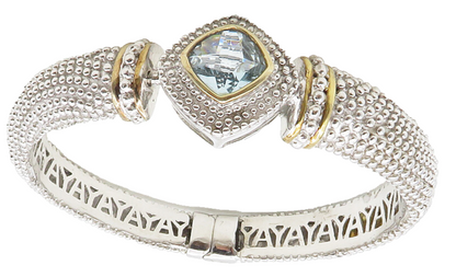 925 Sterling Silver  Blue Topaz Shiny Two Tone Spiked Bangle Bracelet  BT4270