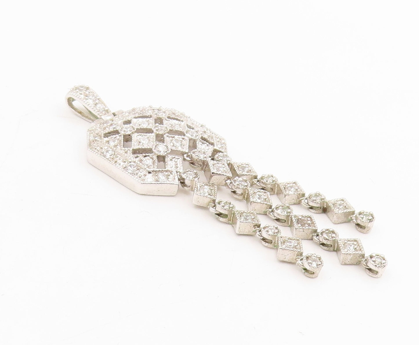 925 Sterling Silver Vintage Pendant Sparkling CZ Geometric Tassel Drop  PT25745