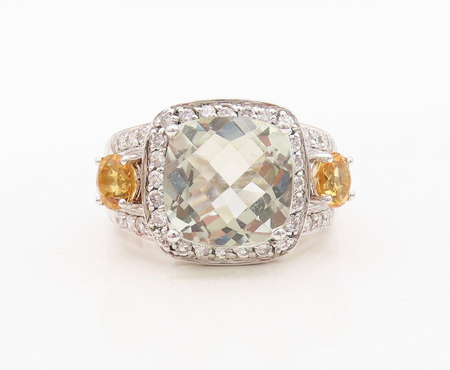 925 Sterling Silver Vintage Ring Green Amethyst CZ & Citrine  Sz 7.5  RG30015