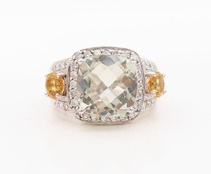 925 Sterling Silver Vintage Ring Green Amethyst CZ & Citrine  Sz 7.5  RG30015
