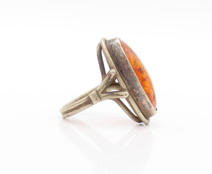 925 Sterling Silver Vintage Ring POLAND Large Oval Honey Amber  Sz 6  RG32821