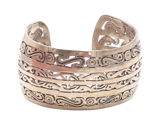 MMA MEXICO 925 Silver  Vintage Dark Tone Wide Swirl Cuff Bracelet  BT1958