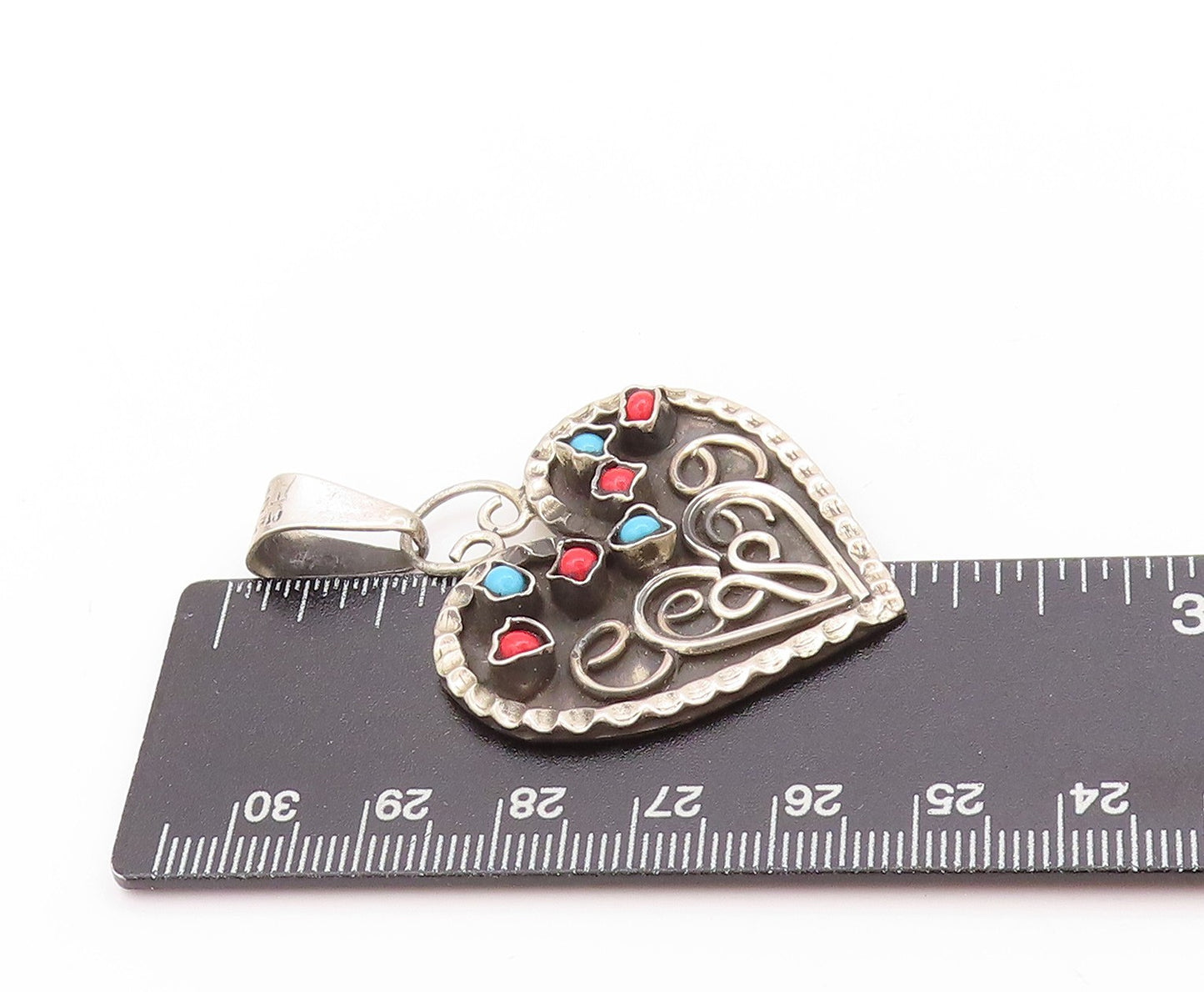 925 Sterling Silver Vintage Pendant Antique Etched Turquoise Heart  PT24210