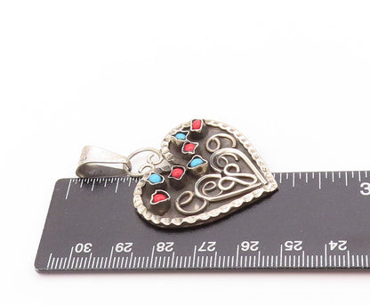 925 Sterling Silver Vintage Pendant Antique Etched Turquoise Heart  PT24210