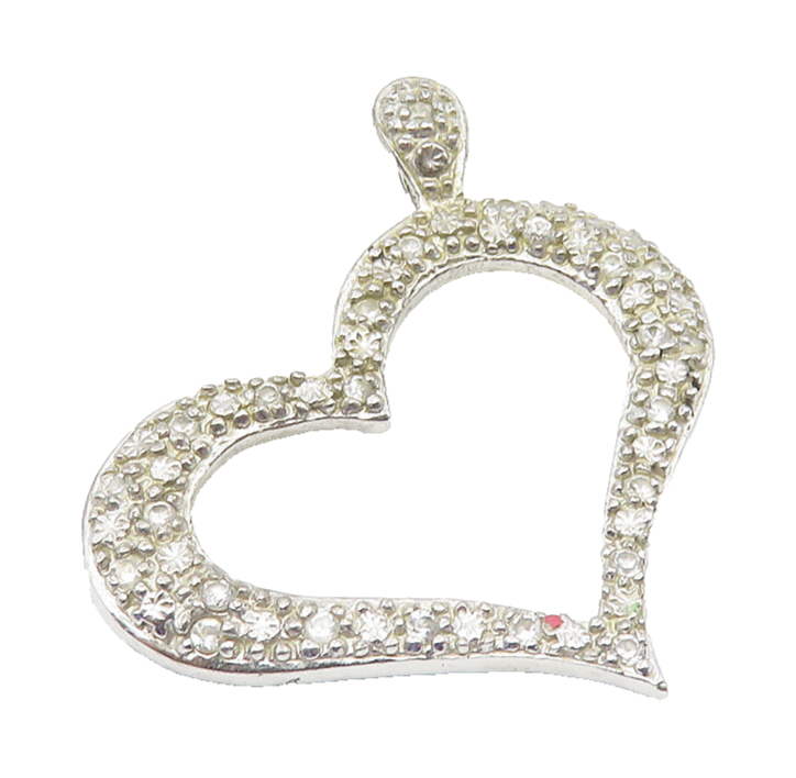 925 Sterling Silver  Vintage White Topaz Open Love Heart Pendant  PT8344