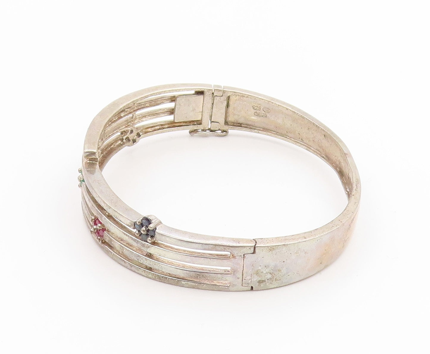 925 Sterling Silver Vintage Bracelet Sapphire Ruby Emerald Floral Bangle BT11799