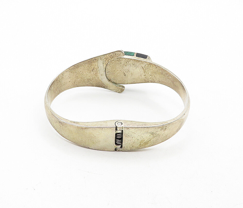 MEXICO 925 Silver  Vintage Black Onyx & Malachite Bangle Bracelet  BT1691