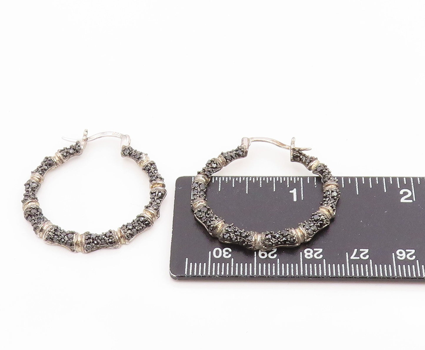 925 Sterling Silver Vintage Earrings Black Spinel Bamboo Style Hoops  EG14351