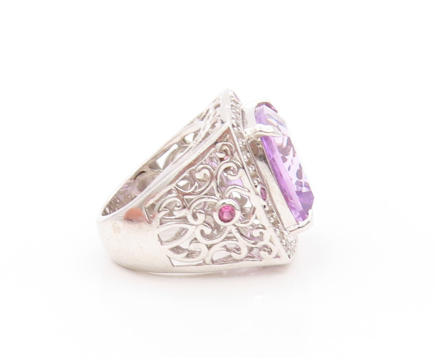 925 Sterling Silver Vintage Ring Large Amethyst Halo Sapphire  Sz 5  RG32512