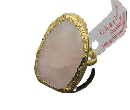 925 Sterling Silver  Rose Quartz Gold Plated Cocktail Ring Sz 7.5  RG17779