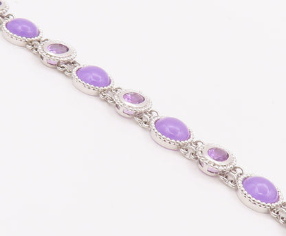 925 Sterling Silver Vintage Bracelet Oval & Round Amethyst Halo Beaded  BT10428
