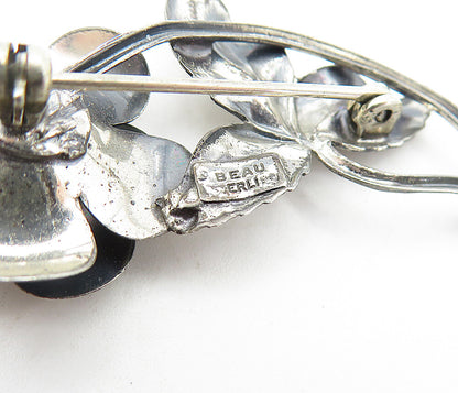 BEAU 925 Silver  Vintage Dark Tone Sculpted Rose Flower Brooch Pin  BP1416