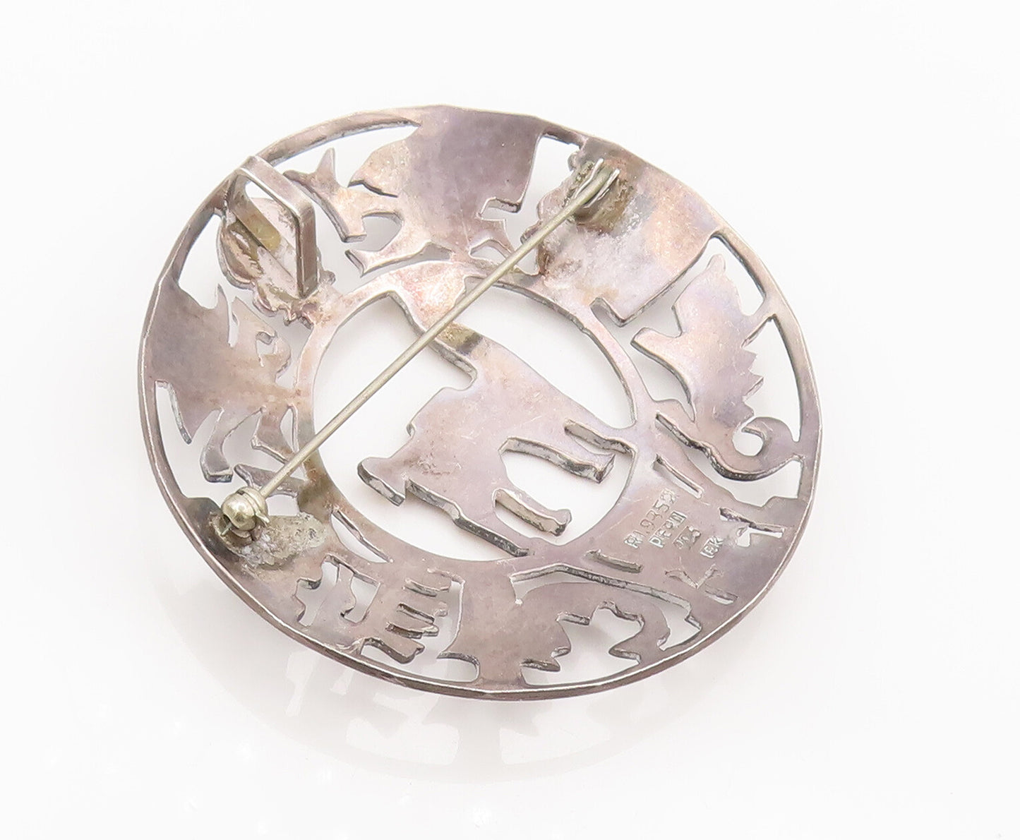 18k GOLD 925 Sterling Silver Vintage Mayan Aztec Symbols Brooch Pin  BP10401
